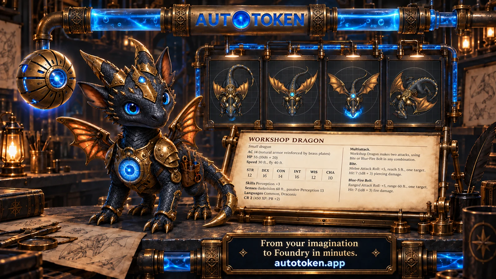 The AutoToken artificer's workshop, with the Workshop Dragon, ORB, token poses, and blue fluid running through brass pipes